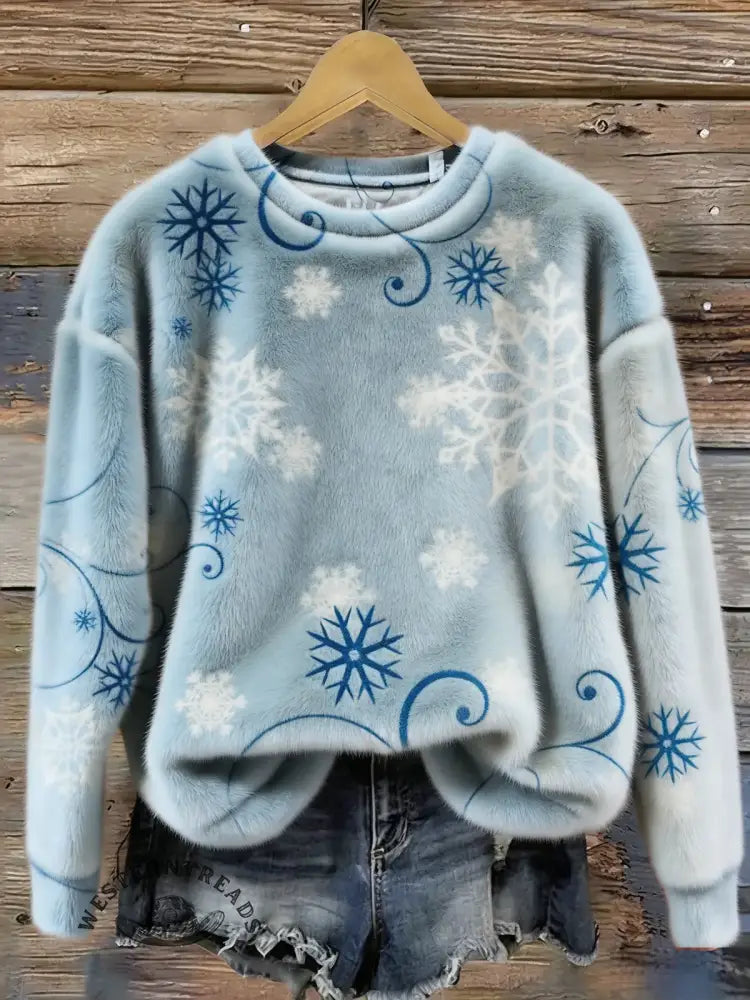 Women's Winter Snowflakes Art Print Casual Plush Top