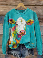Colorful Cow Art Print Casual Cotton Sweatshirt