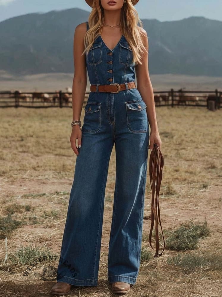 Women's Casual Denim Jumpsuit, Paired With Wide-leg Pants