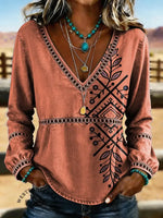 Women's Retro Aztec Floral Art Print Casual Hollow-Out Denim Shirt