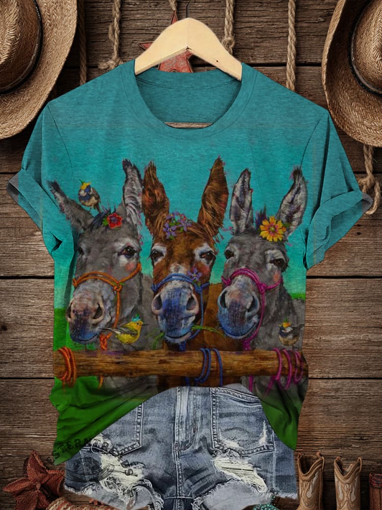 Retro Donkey Art Print Casual T-shirt