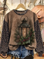 Retro Art Print Casual Cotton Leopard Print Christmas Sweatshirt