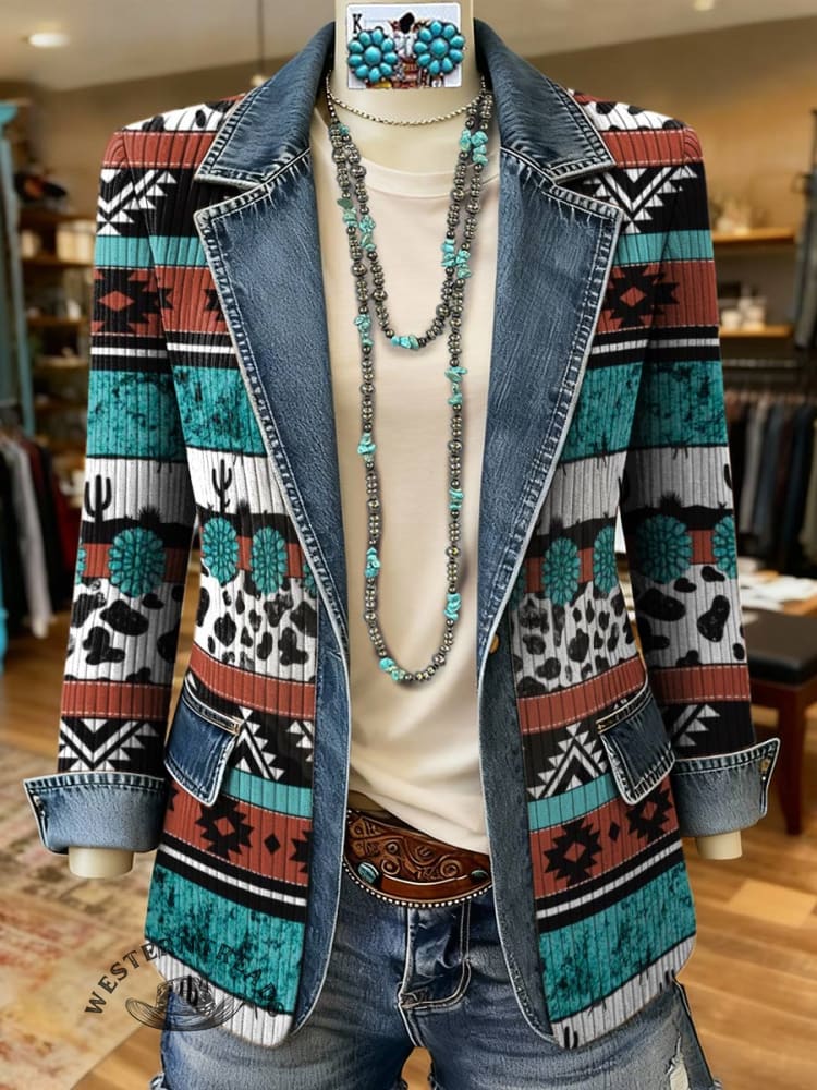 West Print Patchwork Denim Sweater