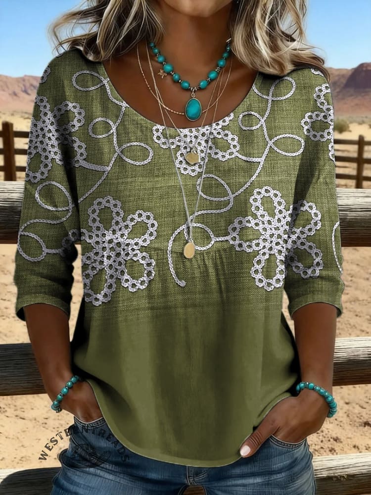 Women's Vintage Floral Print Casual Hollow-Out Shirt