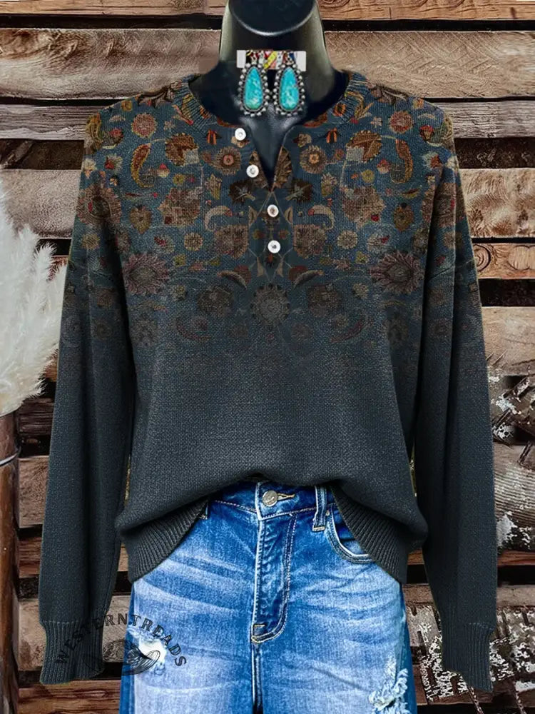 Simple Floral Art Print Buttoned Cardigan Sweater