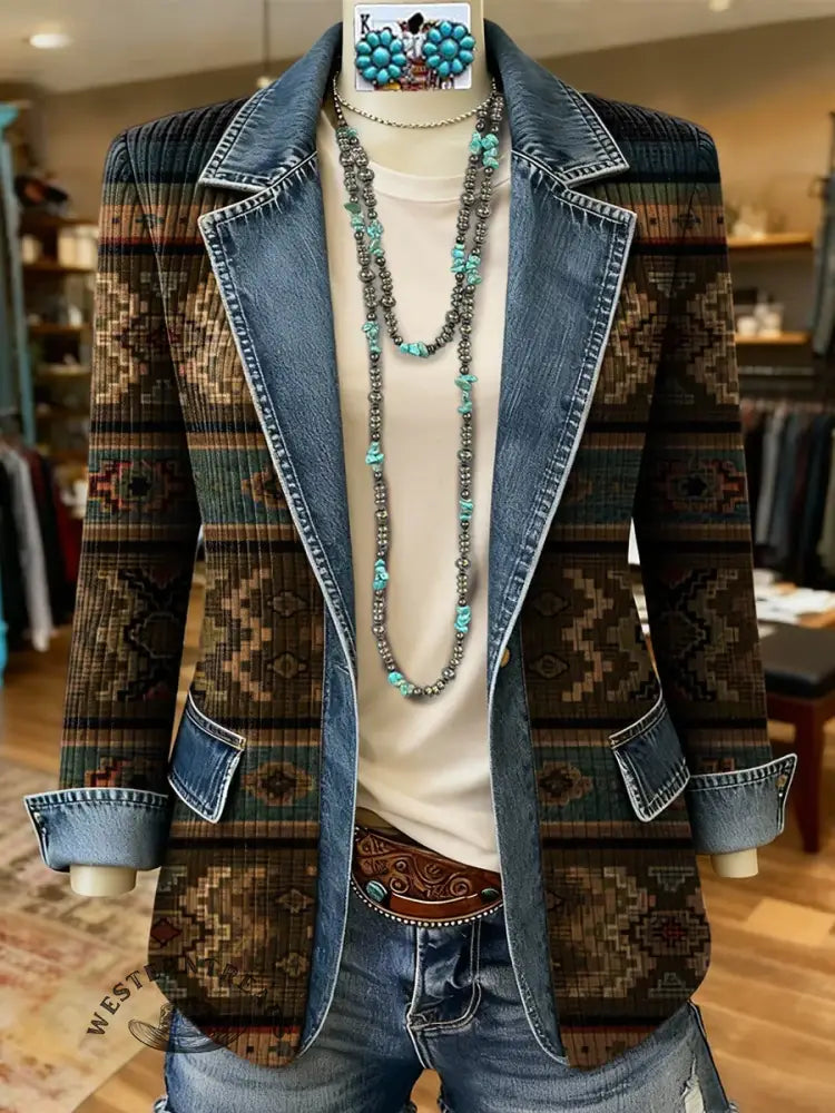Retro Aztec Print Patchwork Denim Sweater Cardigan Coat