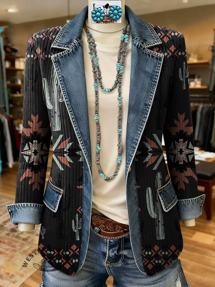 Retro Western Aztec Print Patchwork Denim Sweater Cardigan Coat