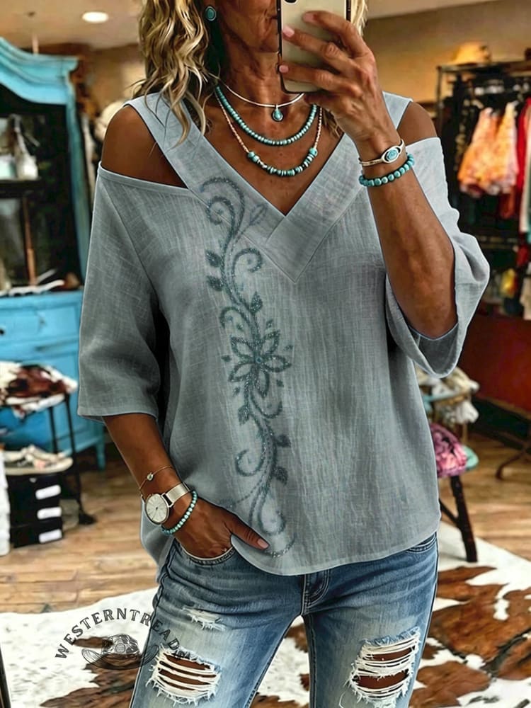 Women's Vintage Flowers Print Off-shoulder Patchwork Casual Shirt