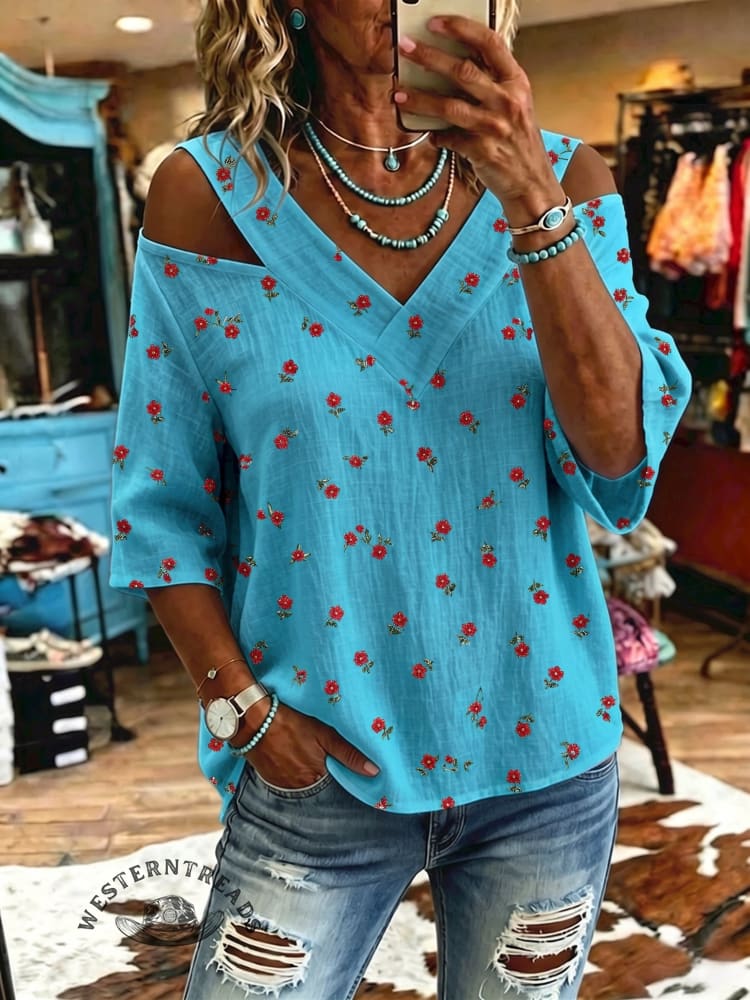 Women's Vintage Flowers Print Off-shoulder Patchwork Casual Shirt
