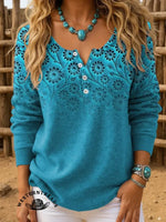 Retro Turquoise Floral Art Print Buttoned Cardigan Sweater