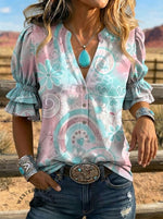 Women's Retro Floral Art Puff Sleeve Casual Shirt