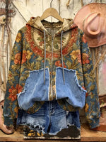 Retro Print Casual Cotton Patchwork Hooded Zip-up Sweatshirt