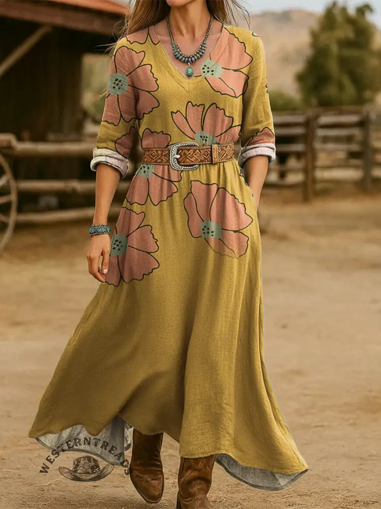 Women's Vintage Flowers Print Cotton Pocket Dress