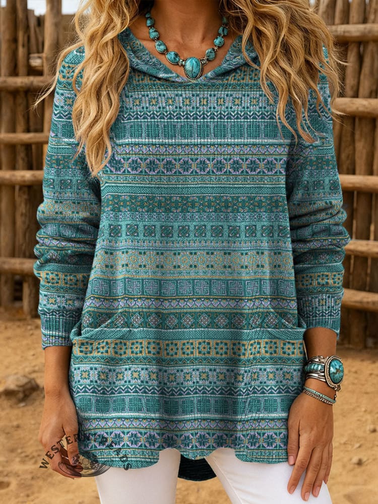 Vintage Aztec Print Casual Knitted Hoodie Sweater