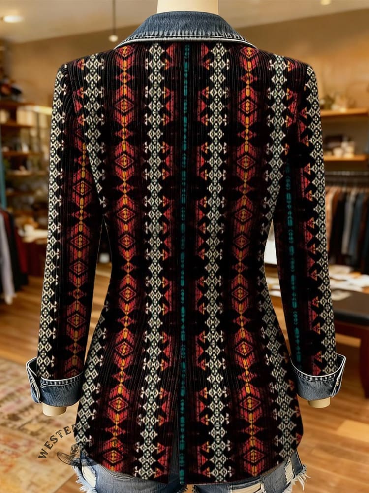 Aztec Print Patchwork Denim Sweater