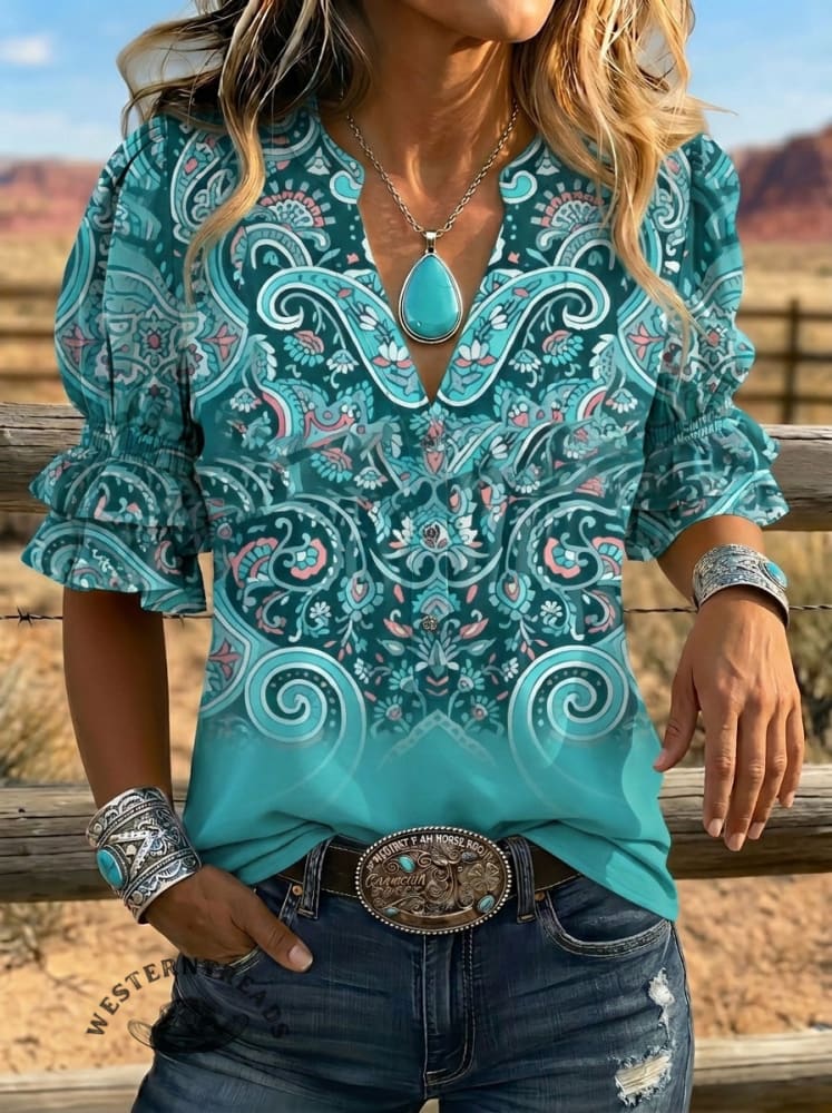 Women's Retro Floral Art Puff Sleeve Casual Shirt