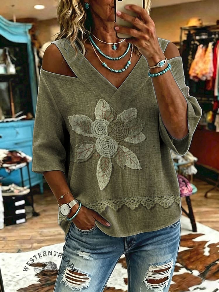Women's Vintage Flowers Print Off-shoulder Patchwork Casual Shirt