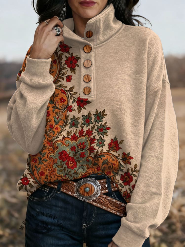 Retro Western Printed Button-up Sweatshirt