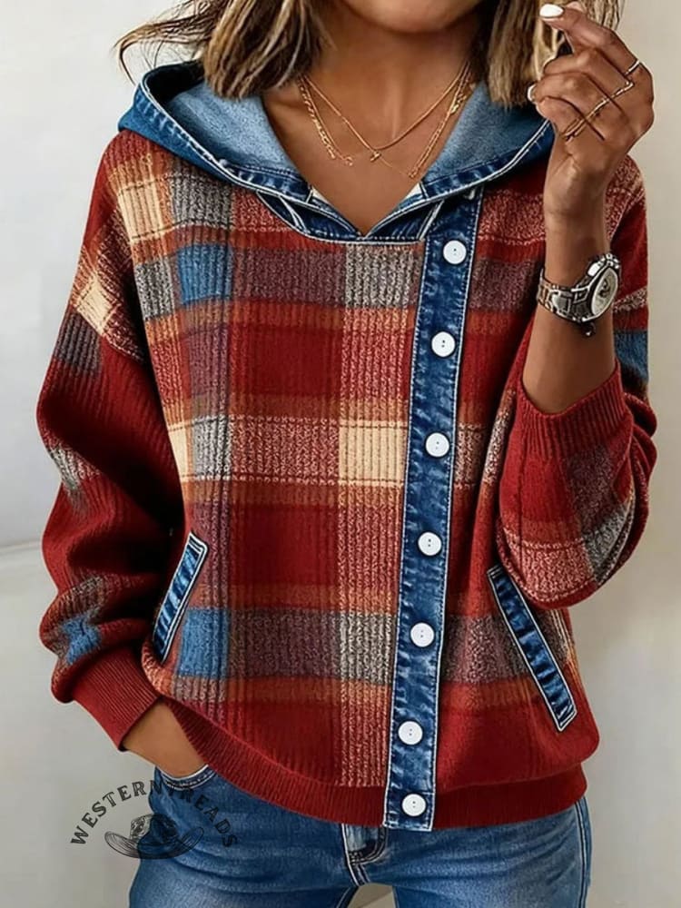 Women's Plaid Printed Casual Denim Patchwork Top