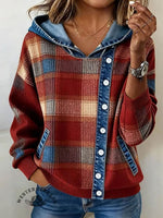 Women's Plaid Printed Casual Denim Patchwork Top