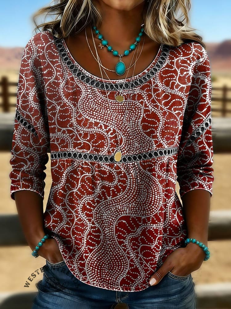 Women's Vintage Print Casual Hollow Denim Shirt