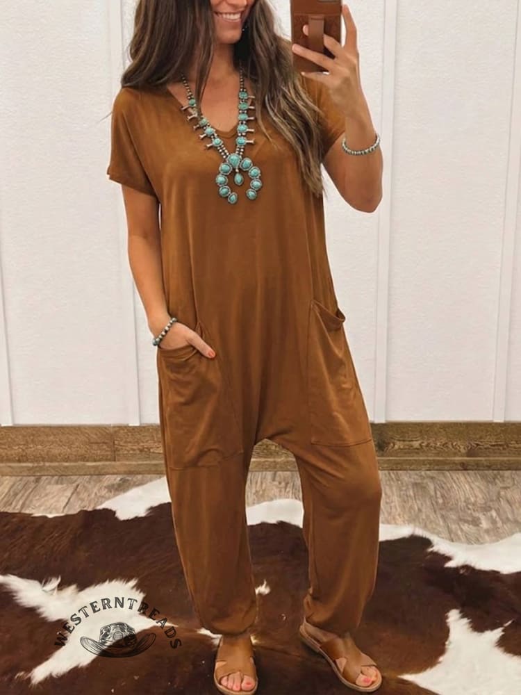 Women's Casual Jumpsuits V Neck Half Sleeve Long Rompers