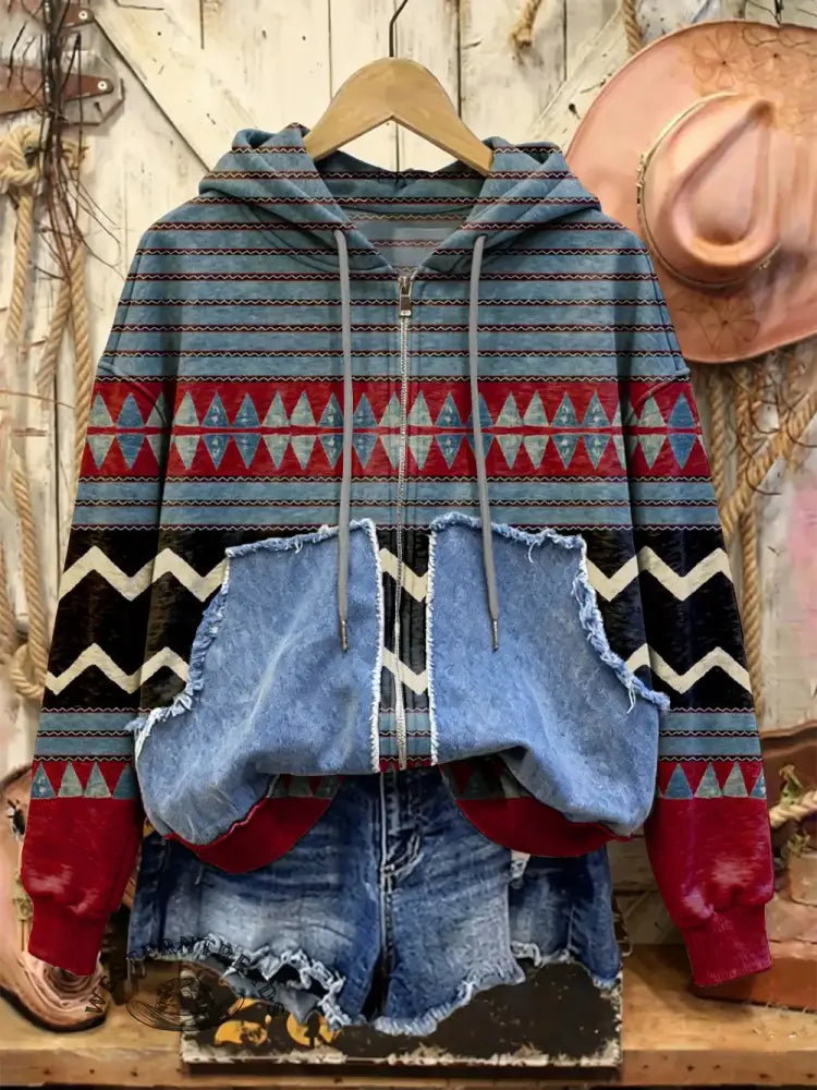 Retro Print Casual Cotton Patchwork Hooded Zip-up Sweatshirt