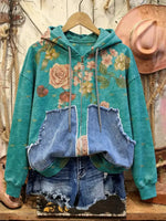 Retro Print Casual Cotton Patchwork Hooded Zip-up Sweatshirt