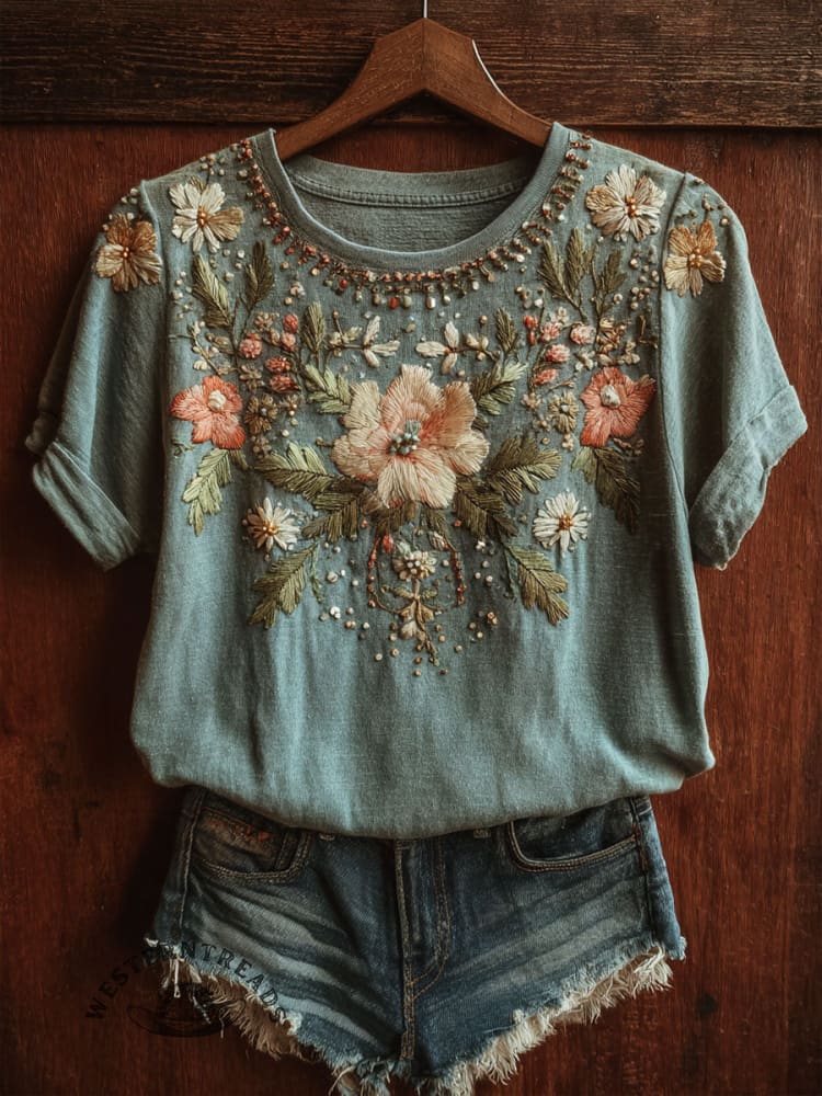 Ethnic Flowers Art Print Casual Short Sleeve T-shirt