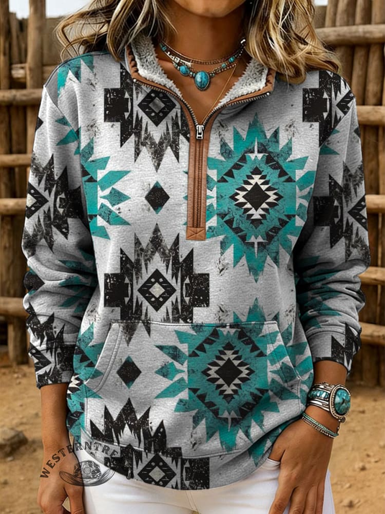 Retro Aztec Print Casual Half-zip Cotton Sweatshirt