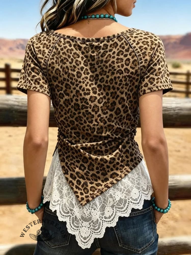 Women's Vintage Asymmetrical Hem Patchwork Lace Casual Shirt