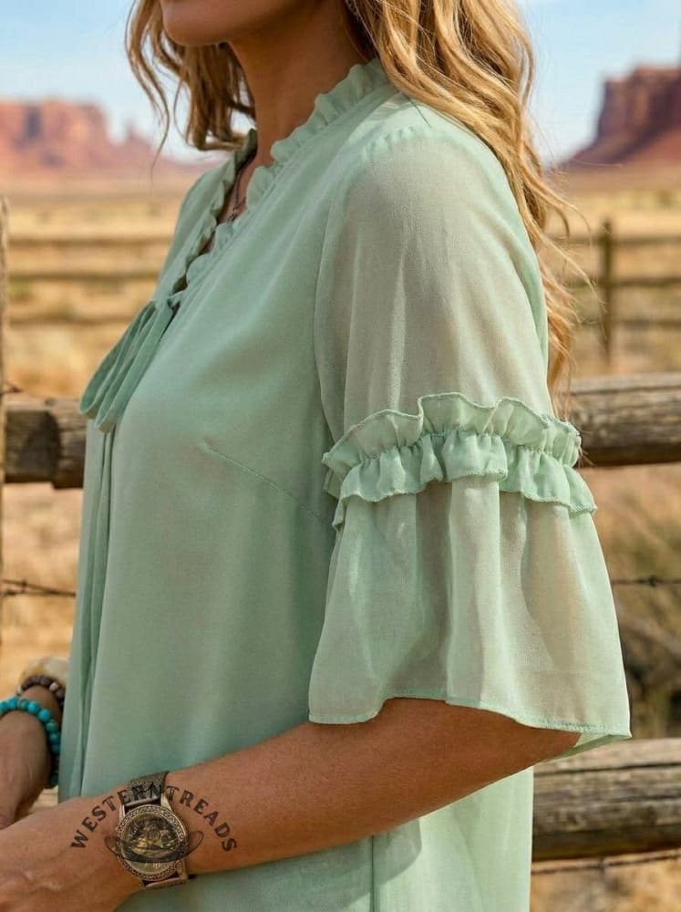 Retro Art Design Chiffon Ruffle Tie Shirt