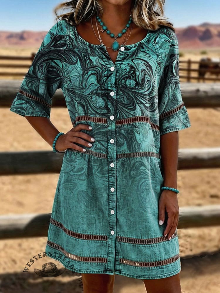 Vintage Art Print Casual Hollow-out Denim Dress