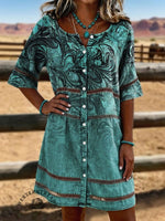 Vintage Art Print Casual Hollow-out Denim Dress