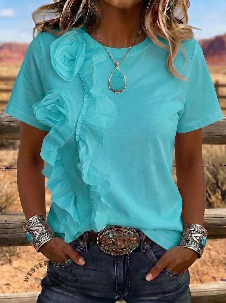 Vintage Western Chic Ruffle Short Sleeve T-Shirt