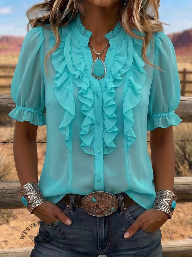 Women's Vintage Casual Ruffle Puff Sleeve Chiffon Shirt