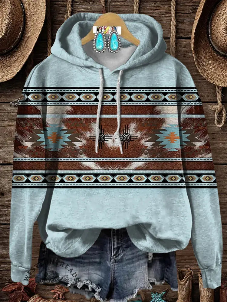 Retro Cow Texture Aztec Print Cotton Casual Hoodie Sweatshirt