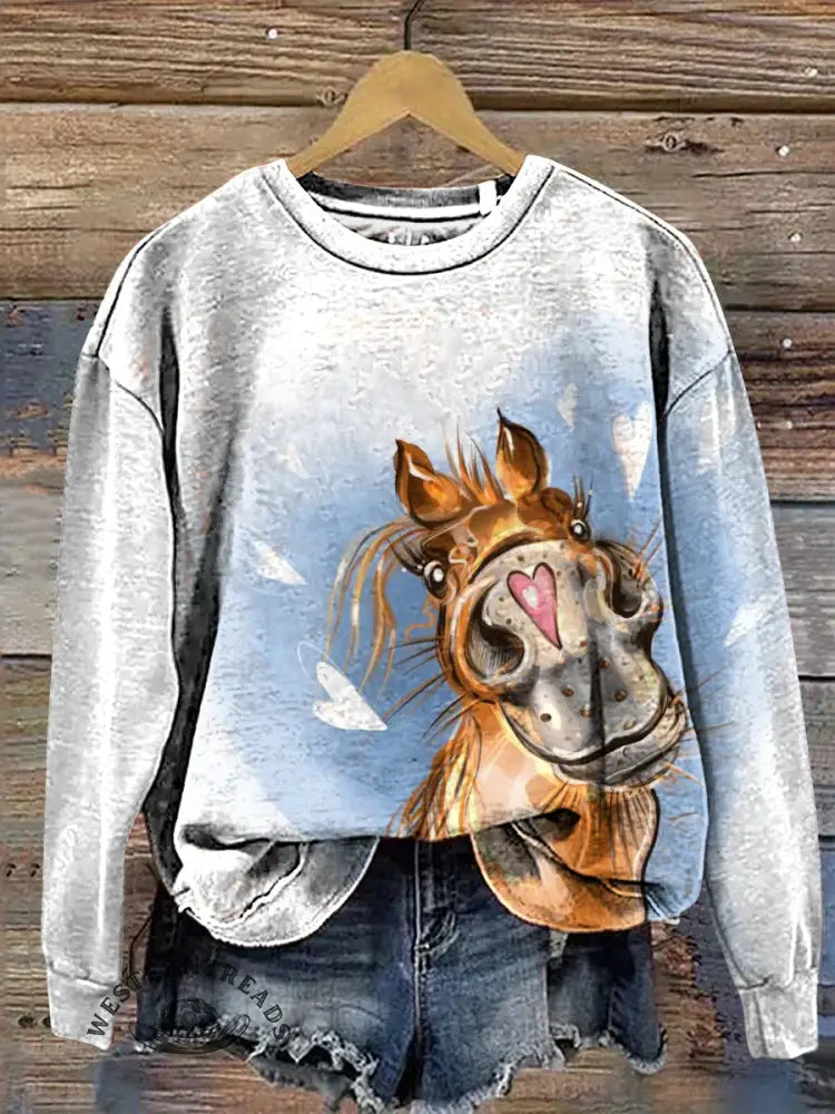 Funny Heart Horse Art Casual Cotton Sweatshirt