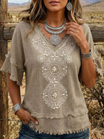 Vintage Print Patchwork Cotton And Linen Shirt