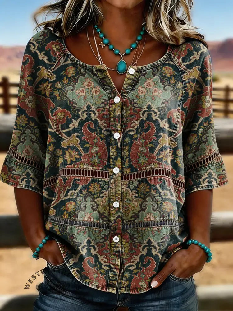 Women's Vintage Floral Print Casual Hollow-out Denim Shirt