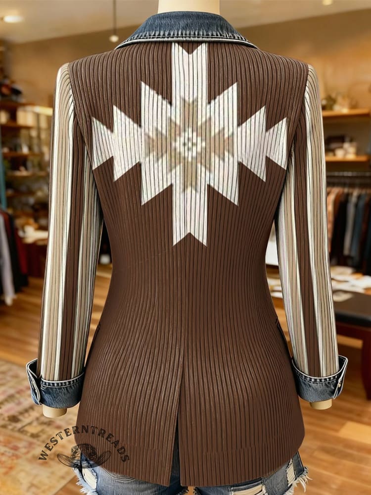 Aztec Print Patchwork Denim Sweater