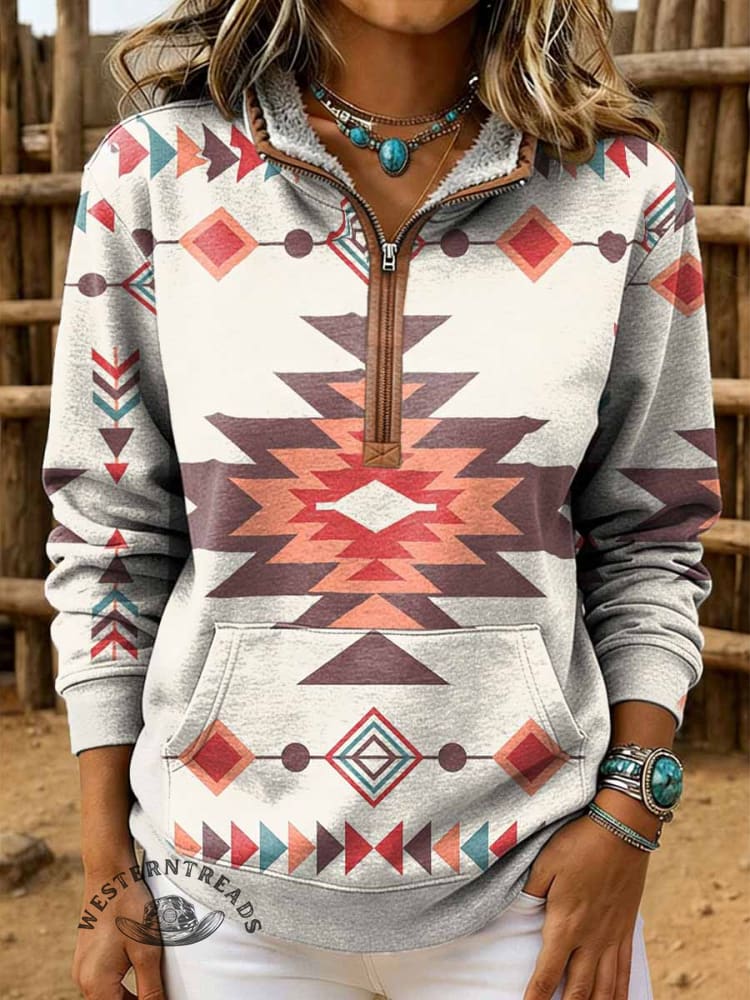Retro Aztec Print Casual Half-zip Cotton Sweatshirt