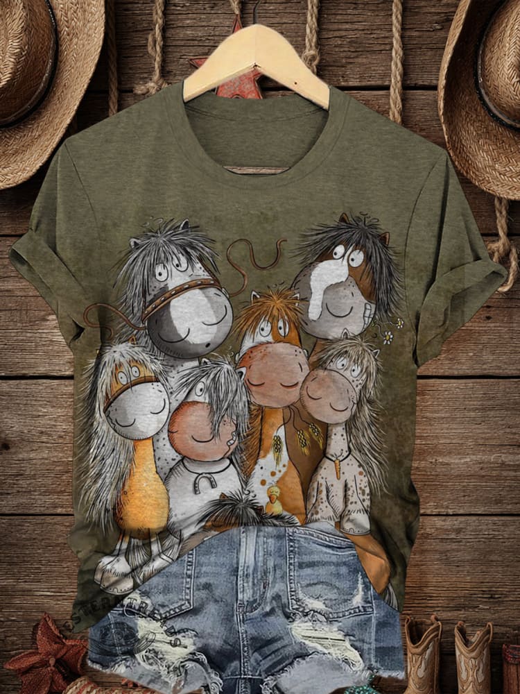 Retro Animals Art Print Casual T-shirt