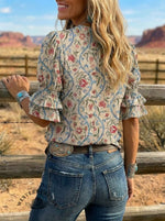 Women's Retro Floral Art Puff Sleeve Casual Shirt