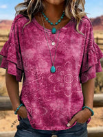 Women's Vintage Art Print Short Sleeve Shirt With Ruffled Sleeves