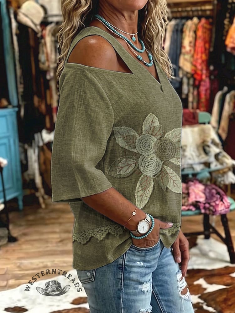 Women's Vintage Flowers Print Off-shoulder Patchwork Casual Shirt