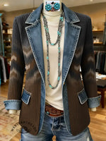 Retro Art Pattern Print Patchwork Denim Sweater Cardigan Coat