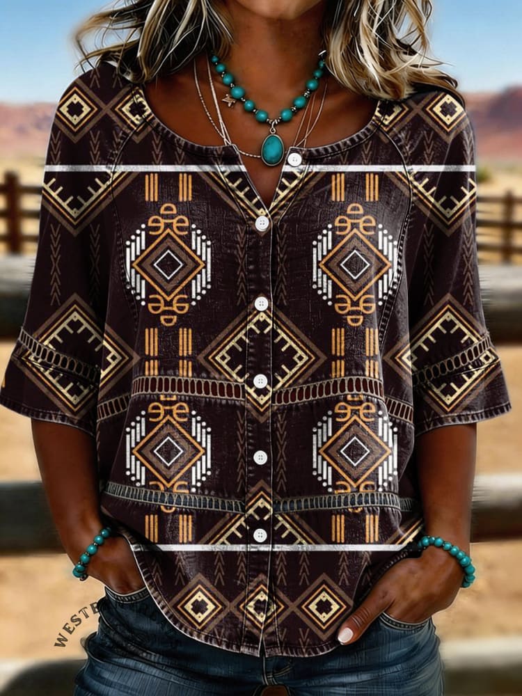 Women's Vintage Aztec Print Patchwork Casual Denim Shirt