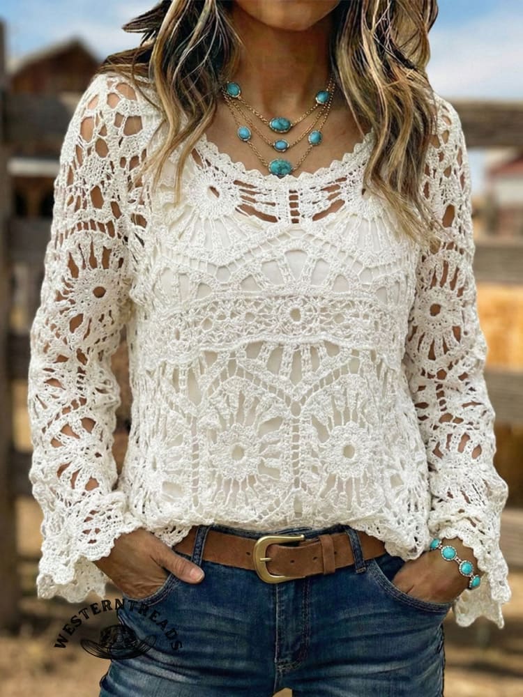 Vintage Western Art Soft Casual Crocheted Flowers Shirt