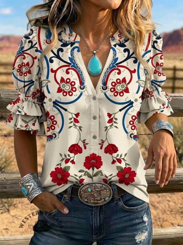 Women's Retro Floral Art Puff Sleeve Casual Shirt